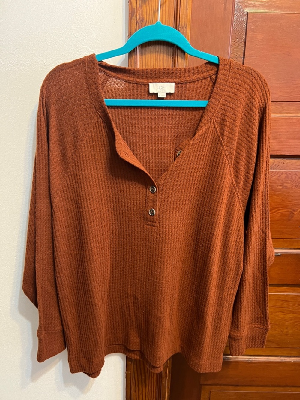 LOFT Waffle-Knit Henley Top in Rust Brown